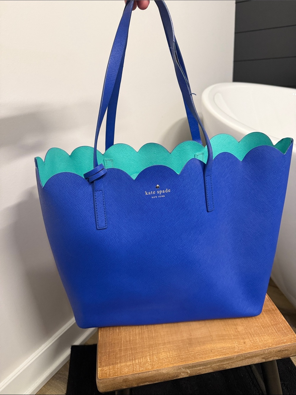 kate spade cobalt blue tote with teal scalloped trim